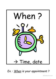 a cartoon clock with the words time, date and ex when is your appointment?