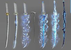 an assortment of swords with blue lights in the middle and white frost on them, all against a gray background