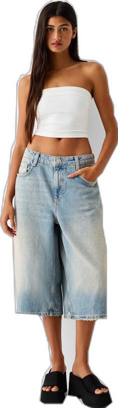 Relaxed Fit Wide Leg Jeans With Built-in Shorts, Medium Wash Cutoff Shorts With Five Pockets, Light Wash Straight Leg Shorts With Frayed Hem, Casual Cutoff Cropped Jeans, Casual Straight Leg Jean Shorts For Streetwear, High-waisted Shorts With Five Pockets For Summer, Light Wash Cutoff Shorts With Five Pockets, Baggy Straight Leg Spring Shorts, Baggy Straight Leg Shorts For Spring