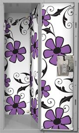 an open locker with purple flowers painted on the doors and side panels, in front of a white background