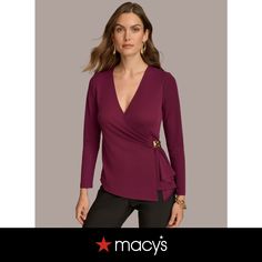 in stock V Neck Top, Donna Karan, Wrap Top, V Neck Tops, Gold Hardware, Women Long Sleeve, Shirts Tops, Buy Online, Womens Shirts