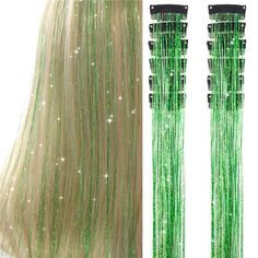 New Product [Easy To Install]:Upgraded Clip In Hair Tinsel Has A Metal Clip Design . Now You Just Need To Open And Close The Tension Clip To Remove And Installation. The Simple Operation Saves Time. You Can Easily Incorporate The Glitter Into Your Hair And Instantly Become "Highlight Glitter" Which Allows You To Change Your Hairstyle Quickly And Easily And Very Firmly Installed In The Position You Want [High Quality] Clip In Tinsel Hair Extensions Are Made Of 100% Durable Polyester Fiber . No Ba Green Extensions Hair, Green Hair Tinsel, Glitter Extensions, Platinum Hair Extensions, Green Hair Extensions, Loc Extensions Human Hair, Tinsel Hair Extensions, Fake Hair Extensions, Tinsel Hair