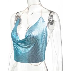 Light Blue Metal Sequin Deep V Neck Backless Camisoles Light Blue Summer Tank Top With Built-in Bra, Blue Club Tops For Spring, Blue Tops For Club And Spring Season, Blue Tops For Spring Club Season, Blue Fitted Backless Crop Top, Fitted Blue Backless Crop Top, Blue Backless Party Top, Chic Blue Camisole With Built-in Bra, Blue Summer Club Tank Top