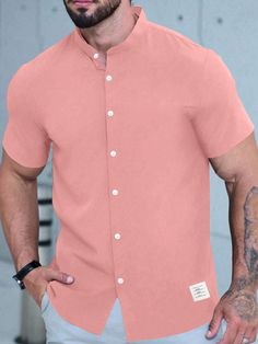 Men's Button Up Short Sleeve Casual Business Dress Shirt Pink Casual  Short Sleeve Woven Fabric Letter,Plain Shirt Slight Stretch  Men Plus Size Clothing, size features are:Bust: ,Length: ,Sleeve Length: Cheap Men's Pink Shirt, Business Dress Shirts, Pink Solid Color Button-up Shirt, Plus Size Summer Casual, Business Casual Dresses, Men Plus Size, Mens Button Up, Plain Shirts, Business Dresses