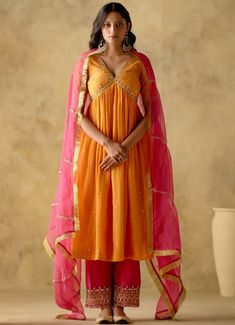 Tangerine Mirror Embellished Silk Anarkali Palazzo Set Varun Chhabra - Fabilicious Fashion Orange Anarkali, Dabka Embroidery, Anarkali Suits Designer, Dabka Work, Silk Anarkali Suits, Silk Anarkali, Trendy Outfits Indian, Simple Frocks, Anarkali Dress Pattern