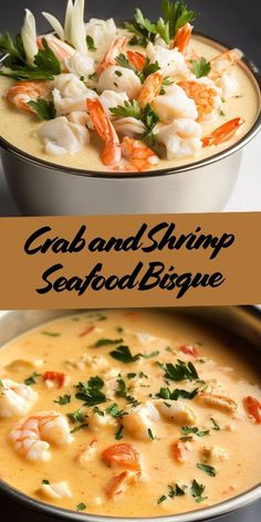 crab and shrimp seafood biscuit soup in a white bowl with garnish on top