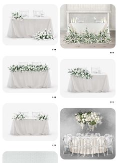 the table is set up with white flowers and greenery for an elegant wedding reception