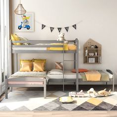 a bedroom with bunk beds and toys on the floor