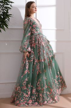 Long Sleeves O Neck Pink Floral Embroidery Sage Tulle Dress Sage Green And Pink Outfit, Patterned Bridesmaid, Sage Tea, Full Tulle Skirt, Prom Party, Tea Length, Summer Accessories, Pitcairn Islands, Guinea Bissau