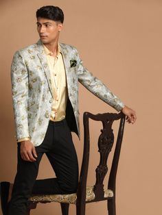 Vastramay Men's Light Green Woven Silk Blend Blazer Designer Nehru Jacket For Festive Workwear, Silk Long Sleeve Nehru Jacket, Designer Spring Blazer For Formal Occasions, Tailored Bandhgala For Semi-formal Occasions, Designer Spring Formal Blazer, Designer Festive Blazer For Workwear, Designer Semi-formal Long Sleeve Blazer, Elegant Silk Bandhgala For Spring, Tailored Long Sleeve Nehru Jacket For Party