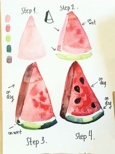 three watermelon slices are shown on a piece of paper with the words step 1, step 2 and step 3