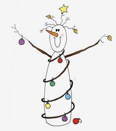 a drawing of a snowman with christmas lights on it's arms and legs