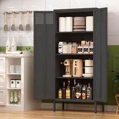 an open cabinet in a kitchen filled with lots of condiments