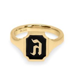 The perfect gift for yourself or loved ones, the Tom ring captivates the eye with its gleaming rich black enamel with a Hebrew letter of your choosing. Our contemporary collection of the Hebrew alphabet, handcrafted by our Hotcrown team, is inspired by the blend of ancient and modern Jewish culture. This harmonious collection represents perpetuity, refinement, empowerment, and originality. Any gold Hebrew letter stuns on your finger effortlessly catching the light. All features can be customized! Please contact us if you wish to make changes, we love making custom designs. All of our jewelry is carefully handmade in our atelier. *HC diamond are all conflict-free diamonds To order by phone 972-72-2991000 Black 14k Gold Engraved Ring For Anniversary, 14k Gold Black Enamel Ring For Anniversary, Classic Enamel Ring As Gift, Classic Enamel Jewelry For Anniversary, Classic Enamel Ring Gift, Engraved Enamel Signet Ring Gift, Black Symbolic Jewelry For Promise, Personalized Black Enamel Jewelry, Classic Gold Enamel Signet Ring