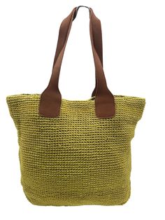 Lime green jute thread tote bag with genuine leather strap Material: Jute thread and genuine leather Color: Lime green Type: Tote bag Strap: Shoulder strap Top: Zipper, button closure Inside: Open pocket, zipper pocket, cotton lining Dimensions (L x W x D inches): 19" x 25.5" Shoulder strap (L inches): 8 Khaki Tote Beach Bag For Everyday, Khaki Tote Beach Bag, Khaki Tote Straw Bag For Daily Use, Khaki Shoulder Beach Bag For Everyday Use, Eco-friendly Green Hobo Bag For Travel, Khaki Everyday Shoulder Beach Bag, Khaki Shoulder Beach Bag, Casual Olive Rectangular Bag, Everyday Use Khaki Straw Tote Bag