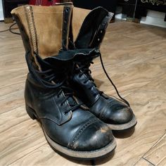 Vintage U.S. Army Combat Boots, Likely 1950s Paratrooper Boots With Bf Goodrich Rubber Soled. Excellent Condition With Some Aesthetic Wear. Black Leather Upper, Leather And Rubber Soles. These Are Beautiful And Sturdy Boots, However The Sizing Is Where Things Get Tricky: Marked Size 6e, With Bottom Sole Stamped As 10 1/2. Width Is 3 1/4”, Length 10 1/2”. I Wear Women’s Shoe Size 6.5 And These Boots Are Too Longthe Size Maybe Closer To A Woman’s 8 But I Really Don’t Know How Military Shoe Sizing Works. My Boyfriend Wears A Men’s Shoe Size 10 And The Boots Are Too Small/Short For Him. 80s Boots, Paratrooper Boots, Vintage Combat Boots, Rugged Fashion, Army Combat Boots, Aesthetic Wear, Military Shoes, Industrial Boots, Lug Boots