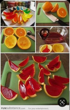 orange slices cut up and placed on a cutting board with juice in the middle to make them look like they have been sliced