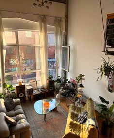 a living room filled with lots of furniture next to a large window covered in plants