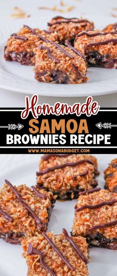 homemade brownies recipe with chocolate drizzled on top and the title above it