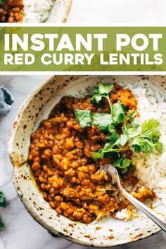 instant pot red curry lentils in a bowl with rice and cilantro