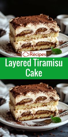 two slices of layered tiramsu cake on white plates with green text overlay