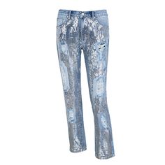 Women's Blue Jeans With Fringes - Zorket Blue Sequined Wide Leg Bottoms, Blue Embellished Straight Leg Bottoms, Party Wide Leg Stretch Jeans, Party Stretch Wide Leg Jeans, Stretch Wide Leg Jeans For Party, Fitted Blue Sequin Bottoms, Embellished Blue Bottoms For Night Out, Glamorous Blue Sequined Pants, Blue Sequin Pants For Night Out