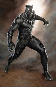 the black panther is standing in front of a dark background and has his arms out