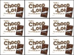 there are many chocolate bars with the words thanks for each one on them in brown and white