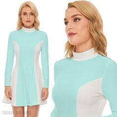 Step into the iconic fashion of the 60s with our Mod Dress - a stylish nod to the Color Block trend that defined the era. This 60s Dress Style showcases a contrasting light blue and white color block print, creating a visually striking and retro aesthetic. Crafted from 100% velour polyester, this Blue GOGO Dress offers a luxurious feel and ensures a comfortable fit. The Princess Style bodice with a mini skirt, turtle neckline, and long sleeves embodies the quintessential 60s fashion, making it a Gogo Dresses For Sale, Blue Retro Mini Dress For Party, Retro Blue Mini Dress For Party, Retro Blue Mini Dress, Blue A-line Mod Dress, Retro Stretch Mini Dress, Spring Fitted Mod Mini Dress, Fitted Mod Mini Dress For Spring, Mod Long Sleeve Dresses