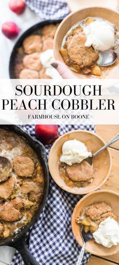 two bowls filled with peach cobbler on top of a wooden table