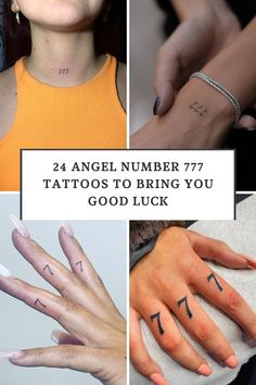 four different photos with tattoos on them and the words, 24 angel number 477 tattoo to bring you good luck