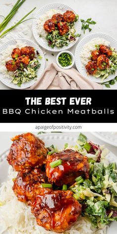 the best ever bbq chicken meatballs with white rice and broccoli on top