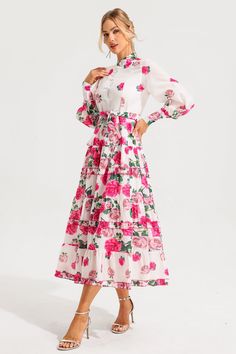 None Spring Rose Print Dress For Daywear, Feminine Pink Floral Print Midi Dress, Pink Rose Print Midi Dress For Summer, Summer Pink Rose Print Midi Dress, Pink Chic Maxi Dress For Daywear, Pink Long Sleeve Spring Dress, Feminine Long Sleeve Pink Maxi Dress, Feminine Pink Long Sleeve Maxi Dress, Pink Long Sleeve Dresses For Spring