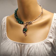 "Statement Malachite Necklace, Boho Necklace, Copper Necklace For Women, Green Stone Necklace, Copper Jewelry, Malachite Choker Necklace Looking for glorious copper necklace? This green stone malachite necklace is perfect. Highly recommended if you want to receive \"wow\" as compliment! This statement copper necklace is a stunning piece to combine with any fashion look. If you want to feel really unique in any occasion, this is your necklace! You can wear it for evening or casual outfit look. Th Green Copper Spiritual Necklace, Spiritual Green Copper Necklace, Elegant Green Copper Necklace, Green Gemstone Jewelry In Copper, Green Gemstone Copper Jewelry, Green Copper Gemstone Jewelry, Necklace Green Stone, Mineral Necklace, Wrapping Techniques