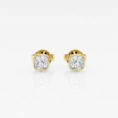 Get cozy with these cushion shaped diamonds wrapped around with a beautiful bezel. Lab grown diamond stud earrings that make a perfect gift for that perfect someone. Luxury Yellow Gold Cushion Cut Earrings, Luxury Cushion Cut Yellow Gold Earrings, Elegant Cushion Cut Yellow Gold Earrings, Luxury Diamond Earrings With Cushion Cut And Accents, Cushion Cut Diamond Earrings For Anniversary, Cushion Cut Diamond Luxury Earrings, Elegant Cushion Cut Diamond Earrings With Brilliant Finish, Formal Diamond Earrings With Cushion Cut And Diamond Accents, Formal Cushion Cut Diamond Earrings With Diamond Accents