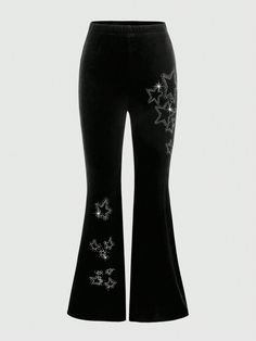 Geo Rhinestone Velvet Flare Leg Pants, School Black Casual   Fabric Geometric Flare Leg Medium Stretch  Women Clothing, size features are:Bust: ,Length: ,Sleeve Length: Goth Pants Png, Flare Jeans With Designs, Rhinestone Pants, Traje Cowgirl, Y2k Bottoms, Black Flared Jeans, Black Flared Leggings, Black Flare Pants, 2000s Clothes