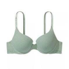 Vs Best-Selling T-Shirt Bra Is Now Crafted In A Soft Pointelle Knit With Delicate Texture. The Full-Coverage Fit Has Plush, Push-Up Padding That Enhances Your Natural Cleavage. - New With Tags Comes In Original Packaging And Is Flawless! - Color: Cotton Pointelle Seasalt Green - Lift & Lining - Push-Up Padding - Made With A 100% Recycled Pad Liner - Full Coverage - Underwire - Straps & Hooks - Adjustable Straps Convert To Crossback - Back Hook-And-Eye Closures - Details & Fabric - Ribbed Fabric - Partially Made From Recycled Materials - Hand Wash Green Bra, Green Bras, Satin Bra, Corset Bra, Coverage Bras, Push Up Pads, Pointelle Knit, Victoria Secrets, Denim Coat Jacket