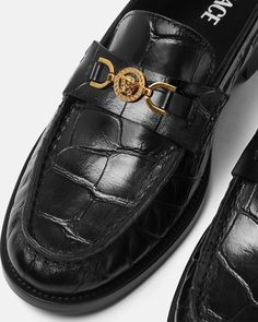 Versace Croc-Effect Medusa '95 Loafers | VERSACE Luxury Crocodile Pattern Loafers For Workwear, Luxury Crocodile Pattern Loafers For Work, Luxury Crocodile Pattern Loafers With Round Toe, Luxury Crocodile Pattern Slip-on Loafers, Classic Crocodile Pattern Loafers For Office, Patent Leather Loafers, Loafers Style, Goat Leather, Gianni Versace