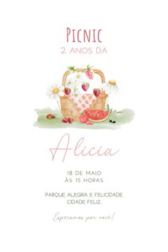 a card with an image of a picnic basket and flowers on the front, in spanish