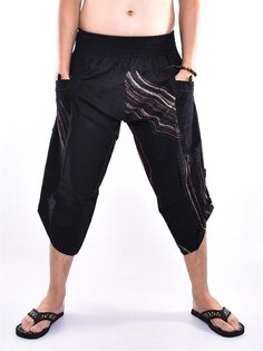 Harem pants, Yoga pants, Wide leg pants, Trousers, Samurai pants Printed with Black Brush Printed Cotton Samurai pants with Side button is inspired Samurai and Ninja pants from Japan.  Created and Designed for Everyone, Wide Leg Designed Easy to Movement, Easy to Wear and Comfy. The Pants is made of 100% Cotton and Printed with beautiful pattern design. The Pants made by Thai Craftsmanship, Attention and Neatness in sewing an item. Cotton Samurai pants has one Pocket in front for storing item like, Mobile phone, Wallet or Money. This pants great for many Occasion, Chill out, Free Style, Yoga, Traveling, Dancing, Going to Festivals, Working out , Martial arts, Etc... Sizing : One size fits most (Unisex ) Elastic Waist : 21"- 44" (53.34 cm - 111.76 cm) Hip up to : up to 56" (142Cm) Length :3 Black Stretch Cotton Pants, Stretch Black Cargo Pants, Black Wide Leg Bottoms For Festival, Wide Leg Black Bottoms For Festival, Loosely Fitted Black Harem Pants For Summer, Baggy Black Cotton Harem Pants, Black Baggy Hip-length Bottoms, Black Ankle-length Cotton Pants, Black Trousers For Festival