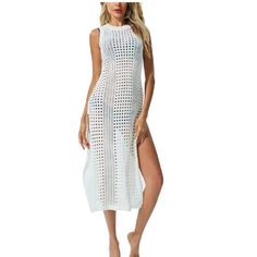 100% Polyester Size: One Size Fits Us Size S, M, L. Fits Height: 5’2-5’7, Body Weight:110lbs-145lbs. Bust: 32-40in, Length: 46in. Comfortable Fabric: This Swimsuit Coverups For Women Is Made Of Mesh Knit Crochet Lace. The Material Is Very Soft And Comfortable Fashion Design: This Bathing Suit Cover Ups For Women Is Featuring Waist And Hollow Knit Design. Suitable For Many Occasions: This Cover Ups For Swimwear Women Is Perfect For Wearing At Coast, Beach, Tanning Salon, Swim Pool Party, Poolside Sleeveless Beachwear Cover-up For Summer Outings, Fitted One-piece Summer Maxi Dress, Fitted Vacation Dress With Side Slits, Fitted Dress With Side Slits For Vacation, Chic Fitted Sleeveless Cover-up, Stretch Beachwear Dress For Beach Cover-up, Chic Stretch Beach Dress For Vacation, Chic Sleeveless Cover-up For Vacation, Fitted Summer Maxi Dress With Side Slits