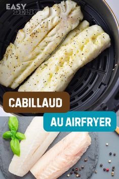 two fish fillets in an air fryer with herbs and seasoning on the side