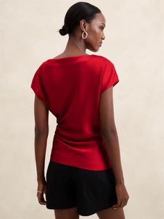 Side-Shirred Blouse | Banana Republic Factory Sleek Satin Tops For Workwear, Versatile Fitted Satin Tops, Fitted Satin Tops, Sleek Satin Top For Evening, Evening Satin Short Sleeve Blouse, Shirred Blouse, Banana Republic Factory, Boat Neck, Satin Fabric