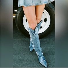 Brand New With Tags Zara Denim Cowboy Boots Size 6 Denim Cowboy Boots, Denim Cowboy, Cowboy Ankle Boots, Soft Leather Boots, Leather High Heel Boots, Black High Boots, Zara Boots, Zara Heels, Lace Up Espadrilles