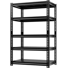 an empty black shelving unit with four shelves