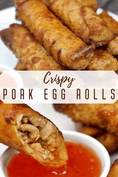 crispy pork egg rolls on a plate with dipping sauce