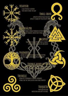 the symbols and their meaningss on a black background