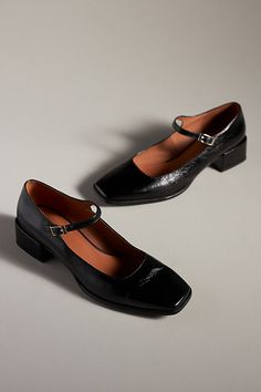 Leather upper, insole Rubber sole Buckle styling Imported | Mary Jane Block Heels by Maeve in Black, Women's, Size: 40, Leather/Rubber at Anthropologie Mary Janes Outfit, White Mary Jane Shoes, Red Mary Jane Shoes, Grad Trip, Retro Heels, Black And White Heels, Work Shoes Women, Black Block Heels, Wedding Guest Shoes