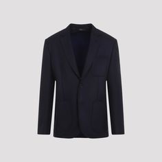 Brioni Navy-Blue Sapphire Wool Ds Jacket. Crafted in wool and silk blend. Notched collar, front buttoned fastening, side pockets, tonal stitching, long sleeves, buttoned cuffs, round hem. Brioni Men, Silk Jacket, Leather Cap, Notched Collar, Blue Wool, Denim Pant, Wolves, Mens Shoes Sneakers, Mens Suits