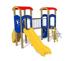 a children's play set with a slide and climbing frame in blue, yellow and red